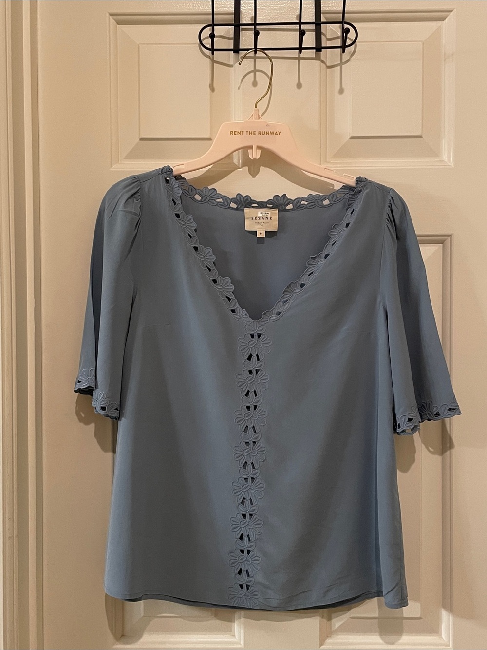 Sezane Blue Floral-Trim V-Neck Women's Top